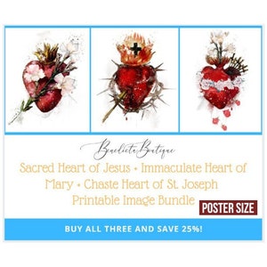 Set of 3 Sacred Heart of Jesus Immaculate Heart of Mary Chaste Heart of St Joseph Printable Wall Art Catholic Home Decor Catholic Printables