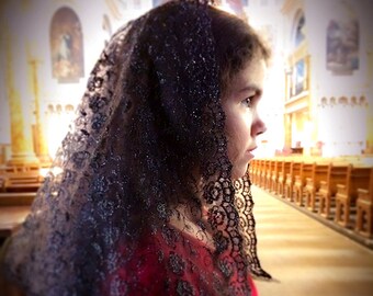 Black Catholic Mantilla Chapel Veil with Silver Embroidery, Church Veil for Latin Mass, Catholic Gift for Her