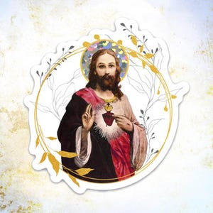 Sacred Heart of Jesus Catholic Glitter Vinyl Sticker, Jesus Decal for Laptop Car Planner Candle or Water bottle, Catholic Gift Ideas for Her