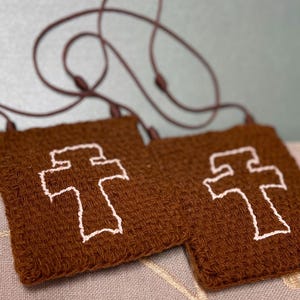 Brown Catholic Scapular, Simple Franciscan Scapular, Hand Wooven Brown Scapular, Hand Embroidered Brown Scapular w/ white  Franciscan Cross