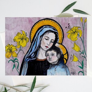 Jungfrau Maria und Jesuskind Druckbare katholische Illustration, marianische Kunst-katholische Postkarten, gesegnete Mutter mit Kind, druckbares 13x18 Bild