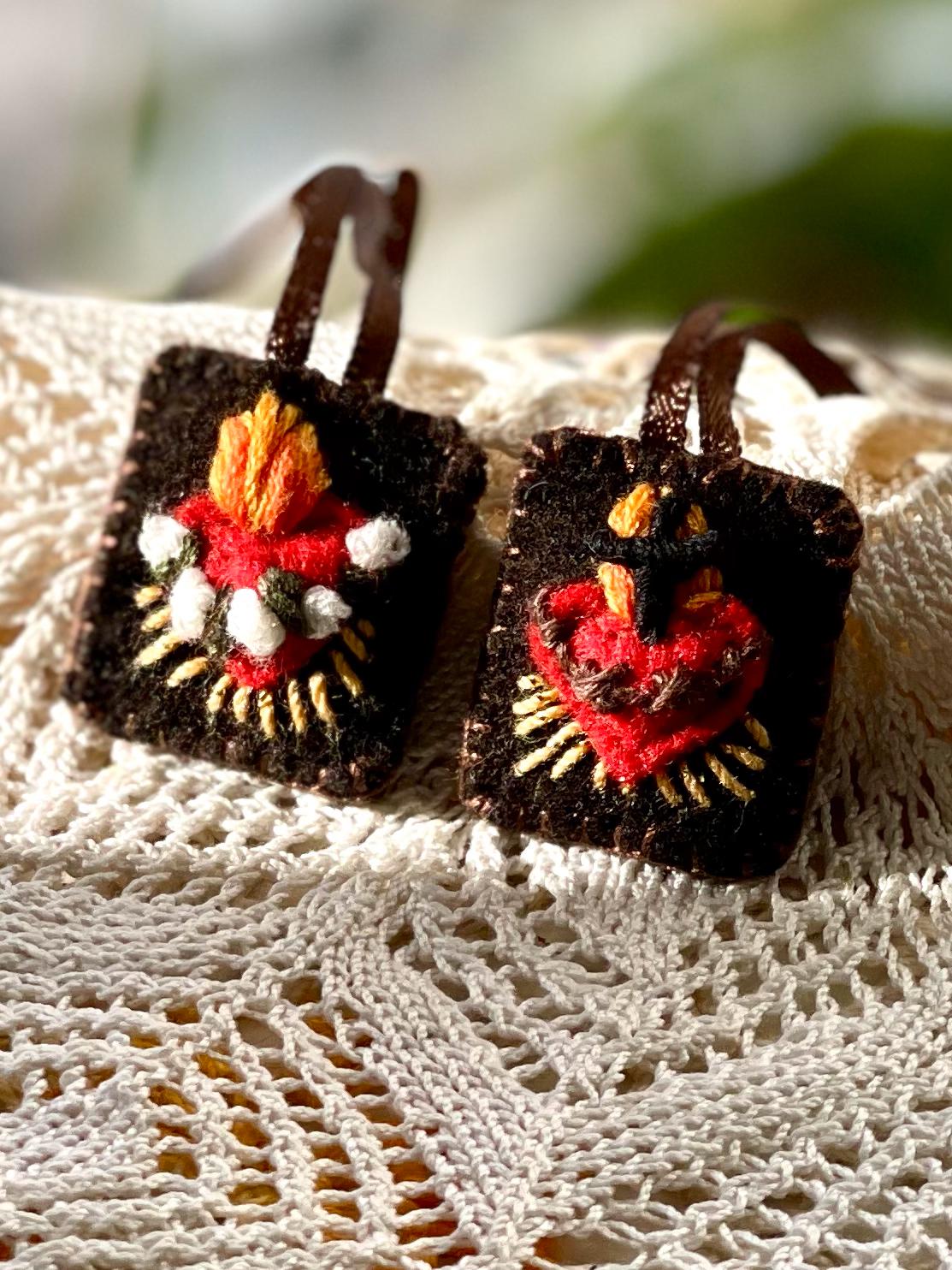 Sacred Hearts of Jesus and Mary Brown Scapular 100%Wool Handmade in USA