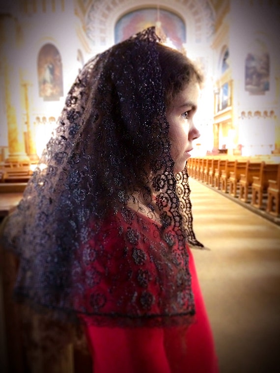 Black Catholic Mantilla Chapel Veil With Silver Embroidery | Etsy