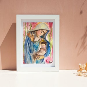 Illustration catholique imprimable de la Vierge Marie et de l'enfant Jésus, aquarelle mariale, image imprimable catholique 5 x 7 pour décoration d'intérieur ou cartes postales