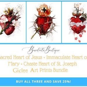 Sacred Heart of Jesus, Immaculate Heart of Mary & Chaste Heart of St. Joseph Giclee Prints Bundle, Catholic Wall Art by BenedictaBoutique