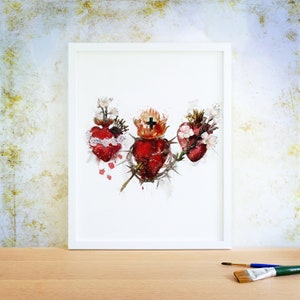 Sacred Heart of Jesus, Immaculate Heart of Mary and Chaste Heart of St. Joseph Printable Image, Hearts of the Holy Family Catholic Print Art