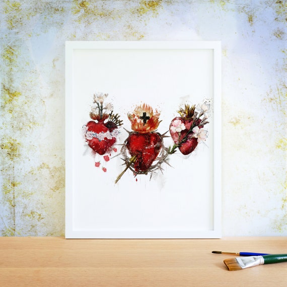 Holy Family Hearts Catholic Art Print Sacred Hearts Wall Art Holy Hearts Home Decor Catholic Wedding Religious Gift Idea for Newlyweds
