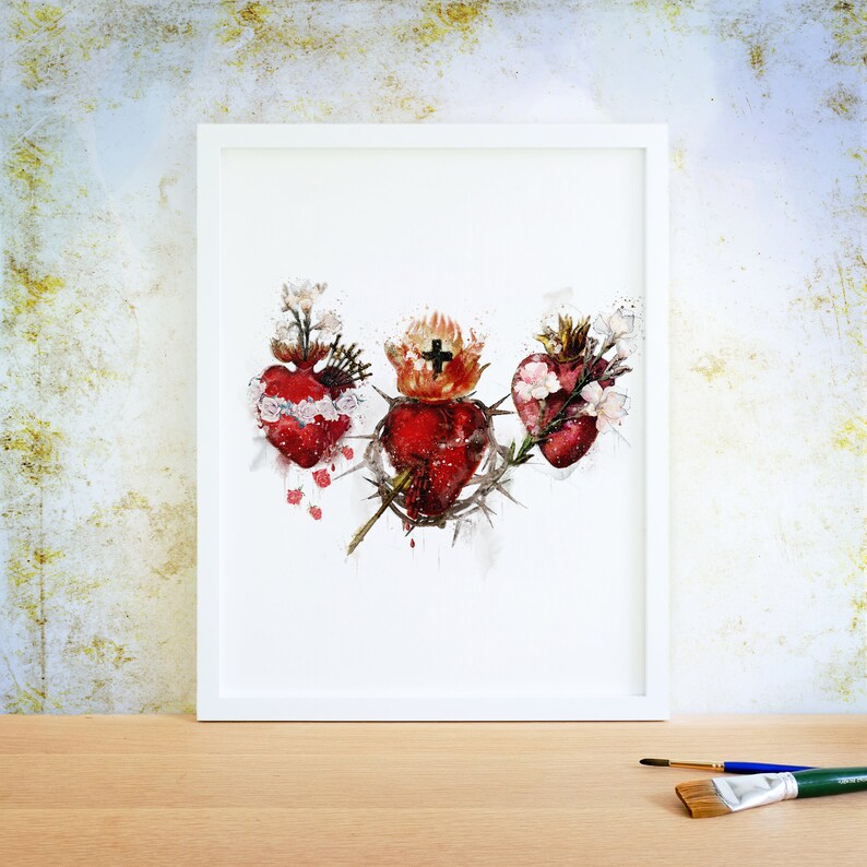 Hearts of the Holy Family, watercolour print, three holy hearts, Sacred Heart of Jesus, Immaculate Heart of Mary, Chaste Heart of Saint Joseph