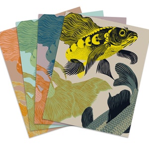 May include: A set of five greeting cards featuring colorful illustrations of fish with intricate details. The cards are printed on a textured paper stock and have a blank interior for writing messages.