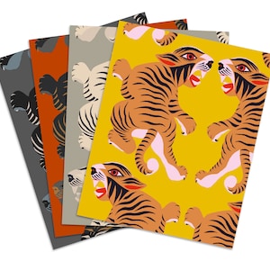 May include: A set of four colorful wrapping paper sheets featuring a repeating pattern of orange and black tigers on a yellow background.