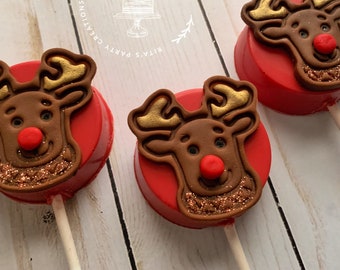 12 Christmas Rudolf The Red Nose Reindeer Chocolate Covered Oreo Dipped Lollipops Christmas Party Cake Cookies Treat Box Gift Party