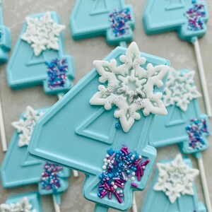 12 Frozen Theme Blue Purple Snowflake Winter Wonderland Chocolate Lollipops Birthday First 1st Girl Birthday Baby Shower Party Favor