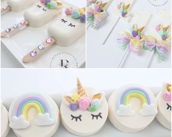 36 Piece Unicorn Themed Gold Dessert Sweet Table Package Toppers Birthday Baby Shower First Birthday Oreo Lollipop Cakesicles Cupcake