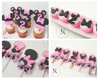 48 Piece Minnie Mouse Pink & Black Clubhouse Dessert Table Package Cakesicles Birthday First 1st Birthday Baby Shower Party Lollipops Oreo
