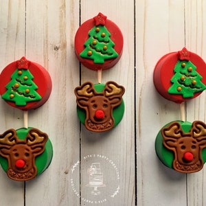 12 Renos navideños y árbol Chocolate cubierto Oreo Piruletas bañadas en la fiesta de Navidad Pastel Galletas Treat Box Gift Party