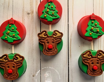 12 Christmas Reindeer & Tree Chocolate Covered Oreo Dipped Lollipops Christmas Party Cake Cookies Treat Box Gift Party