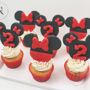 12 Red & Black Minnie Mouse Fondant Edible Cupcake Cake Toppers Birthday Baby Shower First Birthday