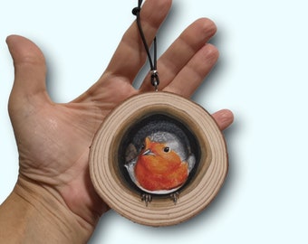 Hand painted wood slice with a Robin. Home decoration. Fine art. 3D painting