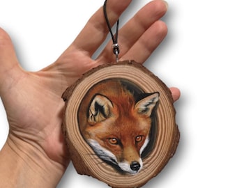 Hand Painted Wood Slice with Fox. 3D Painting. Home Decoration. Fine Art