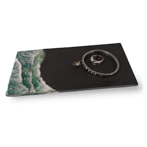 Tray in real slate with ocean wave decoration in artistic resin. Home decoration