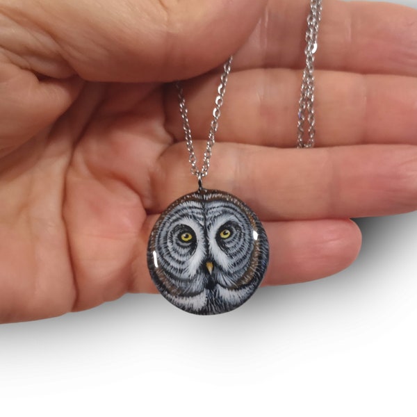 Collectible Great Gray Owl pendant hand painted on sea stone. Fine art. Barn owl. Thumbnail