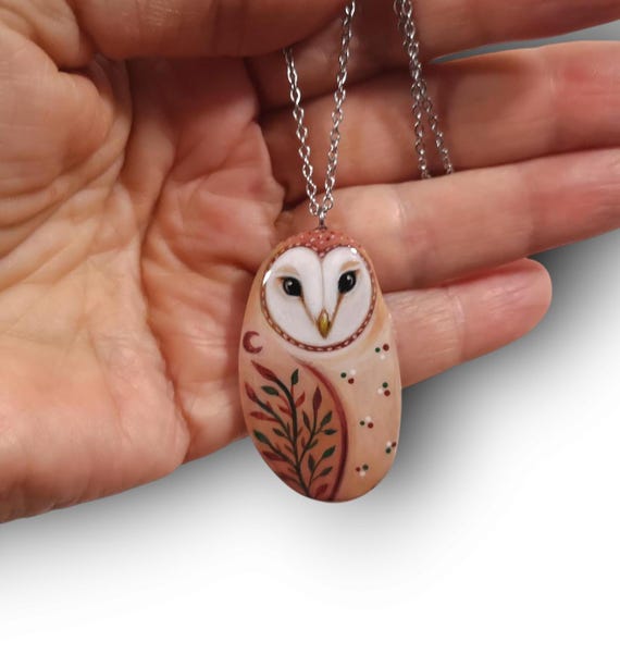 Collectible Hand Painted Stone Owl Barn Owl Pendant With Stainless