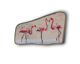 Frammento di mattonella spiaggiata dipinto a mano, Fenicotteri nell'acqua, arte fine, miniatura