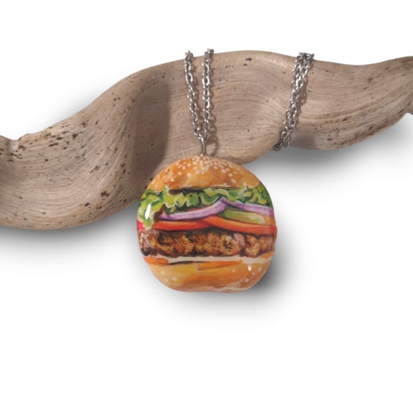 Pendentif collier hamburger en acier inoxydable, scellé avec de la résine, beaux-arts, miniature