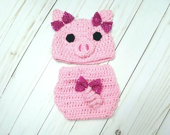 Crochet Pink Pig Piglet Costume, Baby Girl Pink Piggy Costume, Piggy Charlotte's Web Piglet Halloween Costume, Newborn Photo Farm Animal Hat