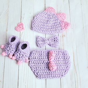 Crochet Baby Dinosaur T-Rex Girl Costume, Knit Baby Girl Dino Outfit, Newborn Photo Shoot Dino Hat Diaper Shoe Dinosaur Clothing, Gift Idea