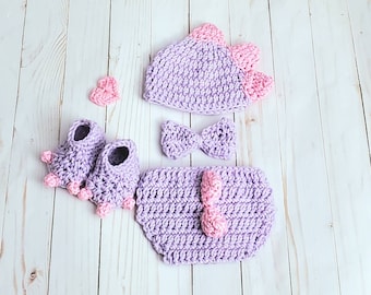 Crochet Baby Dinosaur T-Rex Girl Costume, Knit Baby Girl Dino Outfit, Newborn Photo Shoot Dino Hat Diaper Shoe Dinosaur Clothing, Gift Idea