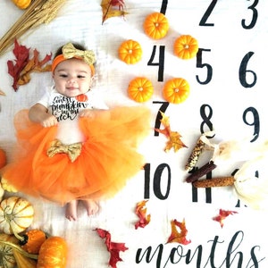 May include: A baby in an orange tutu and headband, with a shirt reading "Cutest Pumpkin in the Patch". The image features decorative pumpkins, autumn leaves, and a milestone blanket marked with numbers and the word "months".