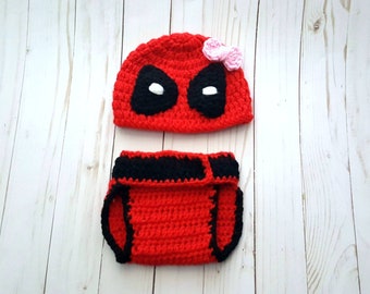 Deadpool Photo Costume Baby Girl Deadpool Marvel Hat Diaper Cover Set  Newborn Photo Props Baby Marvel Costume Deadpool Bow Costume Hat