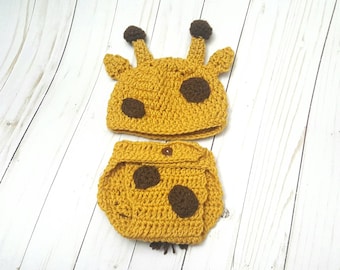 Crochet Giraffe Baby Hat Diaper Cover Set, Available in Sizes Preemie Newborn to 24 Months Photo Prop, Handmade Giraffe Outfit