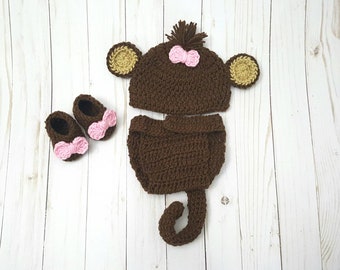 Crochet Monkey Costume, Baby Photo Prop Outfit, Diaper Cover Set