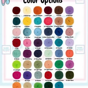 May include: A color chart displays 47 yarn color options, each labeled with a number and a name. Colors range from cranberry to splash, including shades of pink, blue, green, and purple. The text "Color Options" is at the top.