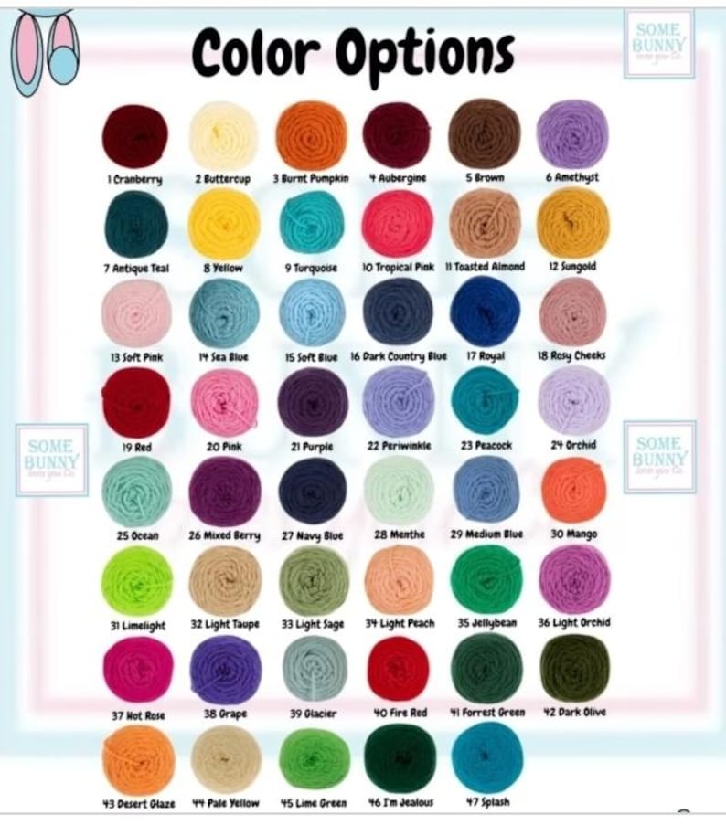 May include: A color chart displays 47 yarn color options, each labeled with a number and a name. Colors range from cranberry to splash, including shades of pink, blue, green, and purple. The text "Color Options" is at the top.