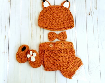 Handmade Crochet Baby Fox Outfit, Forest Costume Set, Fox Hat & Diaper Cover, Forest Nursery, Baby Shower Gift Idea