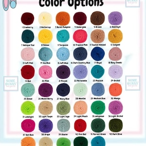 May include: A color chart displaying 47 numbered yarn skeins in various shades including cranberry, buttercup, burnt pumpkin, aubergine, brown, amethyst, antique teal, yellow, turquoise, tropical pink, toasted almond, sungold, soft pink, sea blue, soft blue, dark country blue, royal, rosy cheeks, red, pink, purple, periwinkle, peacock, orchid, ocean, mixed berry, navy blue, menthe, medium blue, mango, limelight, light taupe, light sage, light peach, jellybean, light orchid, hot rose, grape, glacier, fire red, forrest green, dark olive, desert glaze, pale yellow, lime green, i'm jealous, and splash.
