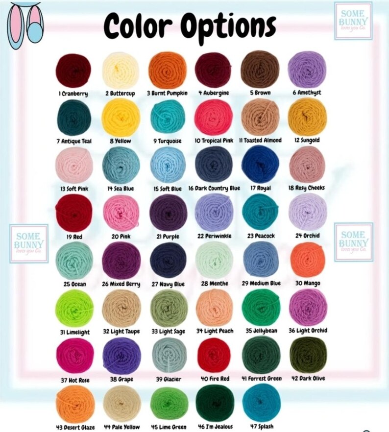 May include: A color chart displaying 47 numbered yarn skeins in various shades including cranberry, buttercup, burnt pumpkin, aubergine, brown, amethyst, antique teal, yellow, turquoise, tropical pink, toasted almond, sungold, soft pink, sea blue, soft blue, dark country blue, royal, rosy cheeks, red, pink, purple, periwinkle, peacock, orchid, ocean, mixed berry, navy blue, menthe, medium blue, mango, limelight, light taupe, light sage, light peach, jellybean, light orchid, hot rose, grape, glacier, fire red, forrest green, dark olive, desert glaze, pale yellow, lime green, i'm jealous, and splash.