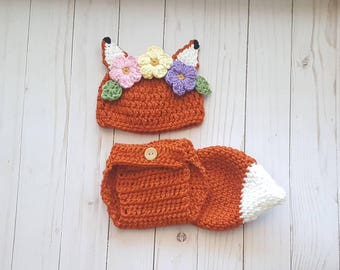 Baby Girl Flower Fox Outfit Baby Boy Crochet Fox Set Baby Boy Fox Hat Baby Animal Hat Newborn Photoshoot Toddler Hat Newborn Fox Hat Costume