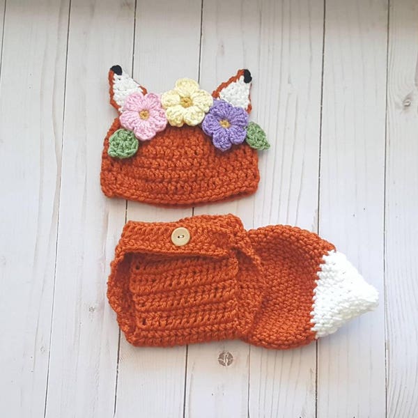 Baby Girl Flower Fox Outfit Baby Boy Crochet Fox Set Baby Boy Fox Hat Baby Animal Hat Newborn Photoshoot Toddler Hat Newborn Fox Hat Costume