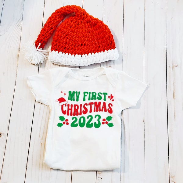 Babys First Christmas Hat, Babys 1st Christmas Onesie, Crochet Santa Hat, Santa Hat, Christmas Hat, Baby Santa Hat, Preemie, Gift