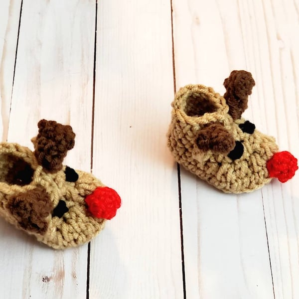 Rudolph Reindeer Baby Slippers, Christmas Red Nose Reindeer Crochet Infant Booties, Baby Photo Prop, Handmade Winter Shoes, Rudolf Baby Gift