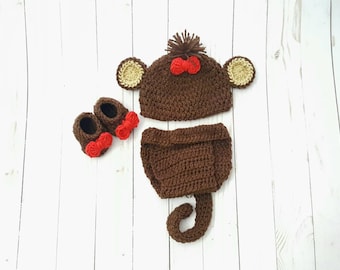 Monkey Baby Girl Crochet Costume, Jungle Circus Animal Halloween Costume, Baby Shower Gift, Newborn Coming Home Outfit, Cake Smash Outfit
