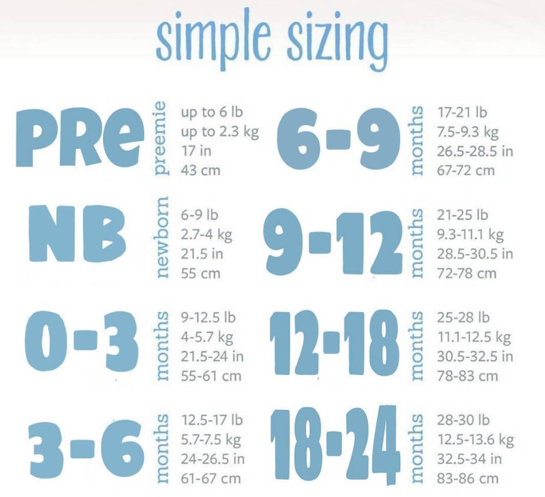 May include: A simple sizing chart in light blue, with text indicating sizes for preemie, newborn, and 0-3, 3-6, 6-9, 9-12, 12-18, and 18-24 months. Measurements are provided in pounds, kilograms, and inches, with corresponding centimeters.
