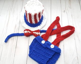 Crochet Red White Blue Infant Independence Day Photo Prop 4th of July Outfit Baby 4th of July Day Outfit Uncle Sam Costume, Baby Gift
