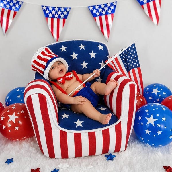 Baby 4th of July Costume Baby 4th of July Day Outfit, Crochet Newborn Outfit, Uncle Sam Costume, Crochet Baby Top Hat Set, Infant Photo Prop