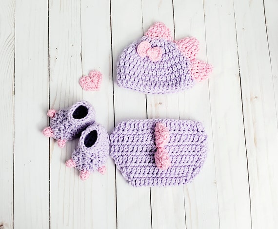 Baby Purple Dinosaur T Rex Girl Costume Crochet Baby Girl Dino Outfit Newborn Photo Shoot Dino Hat Diaper Shoe Dinosaur Clothing Baby Gift