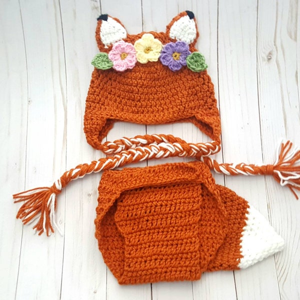 Baby Girl Flower Fox Outfit Baby Boy Crochet Fox Set Baby Boy Fox Hat Baby Animal Hat Newborn Photoshoot Toddler Hat Newborn Fox Hat Costume